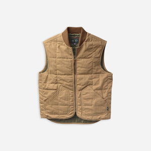 Danner - Danner Oxbow Primaloft Vest Khaki - A tan quilted zip-up vest with a stand collar and two front patch pockets, shown flat against a light gray background. - Main Front View