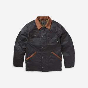 Danner - Danner Shipyard Wax Jacket Navy - A black waxed cotton utility jacket with a brown corduroy collar and brown welt pockets, displayed flat against a light gray background. - Main Front View