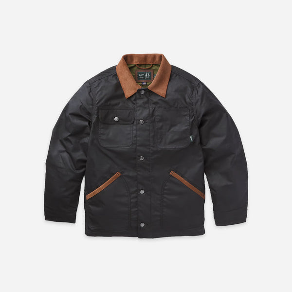A black waxed cotton utility jacket with a brown corduroy collar and brown welt pockets, displayed flat against a light gray background.