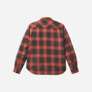 Danner - Danner Cedar Mill Flannel Shirt Buffalo Plaid - A long-sleeve plaid flannel shirt shown from the back, featuring a red and black checkered pattern on a light gray background. - Alternative View 1