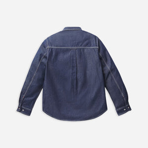 Danner - Danner Larch Mt Denim Shirt Navy - A dark blue denim long-sleeve shirt shown from the back, featuring contrast stitching and a curved hem, laid flat against a light gray background. - Alternative View 1