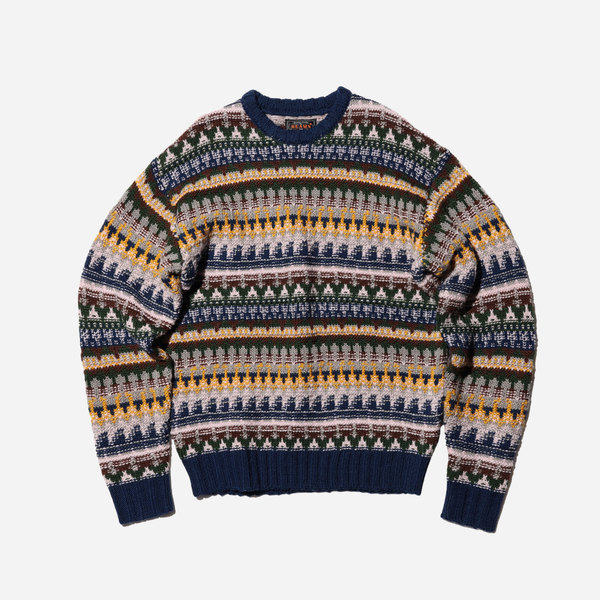 Beams Plus Crew Fair Isle 3G - Navy