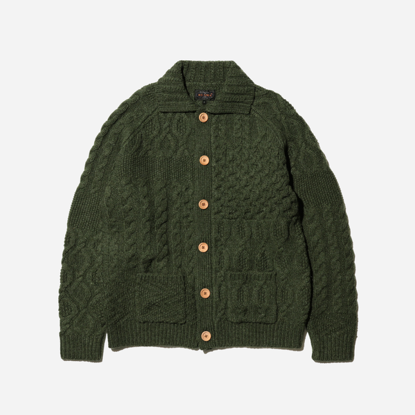 Beams Plus Cardigan Aran Patchwork Cardigan - Olive