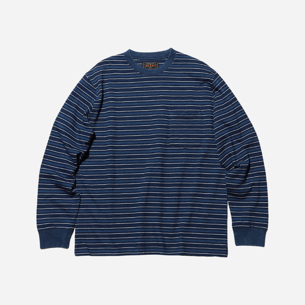 Beams Plus Pocket Tee Stripe Long Sleeve - Indigo