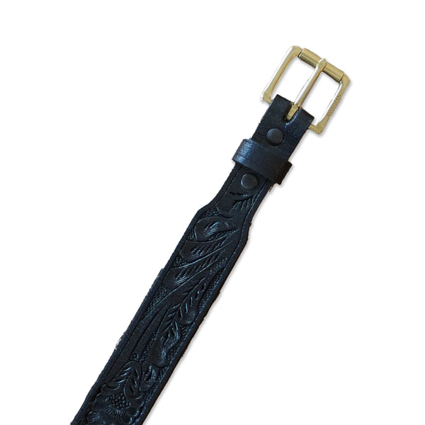 HAND TOOLED LEATHER BELT - BLACK