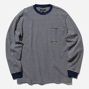Beams+ - INLAY STRIPE L/S POCKET T-SHIRT - NAVY/WHITE -  - Main Front View