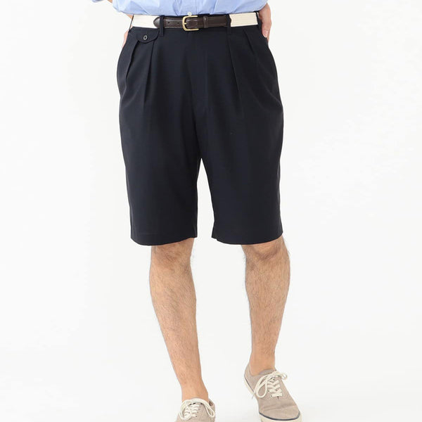 2 PLEAT TROPICAL WOOL SHORTS - NAVY