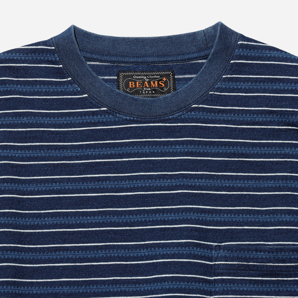 Beams Plus Pocket Tee Stripe Long Sleeve - Indigo