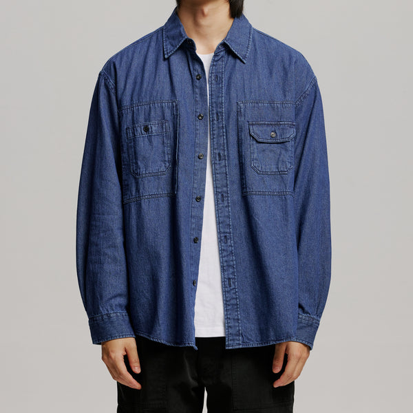 BLEACHED DENIM UTILITY SHIRT - INDIGO