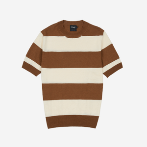 Drakes - STRIPED KNIT SS CREW SWEAT - ECRU/TOBACCO -  - Main Front View