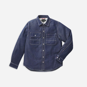 Danner - Danner Larch Mt Denim Shirt Navy - A dark indigo blue denim long-sleeve button-up shirt with two chest pockets, laid flat on a light gray background. - Main Front View