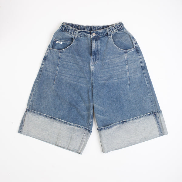 TURN UP SELVEDGE DENIM HALF PANTS - WASHED BLUE