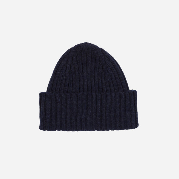 Drake's Lambswool Ribbed Knit Beanie - Oxford Blue