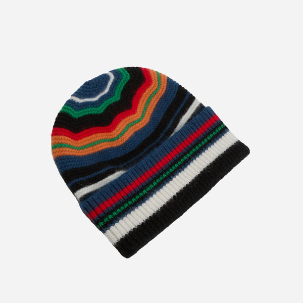 Drake's Purl Knit Striped Beanie - Black Multi