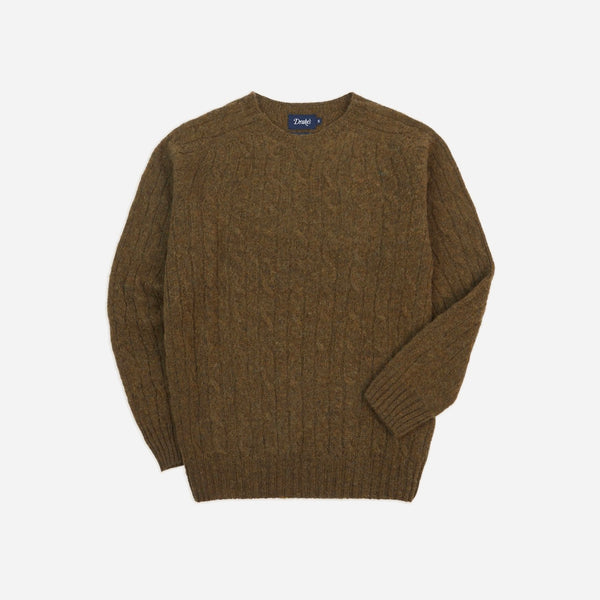 BRUSHED SHETLAND CABLE KNIT SWEATER - MOORLAND OLIVE