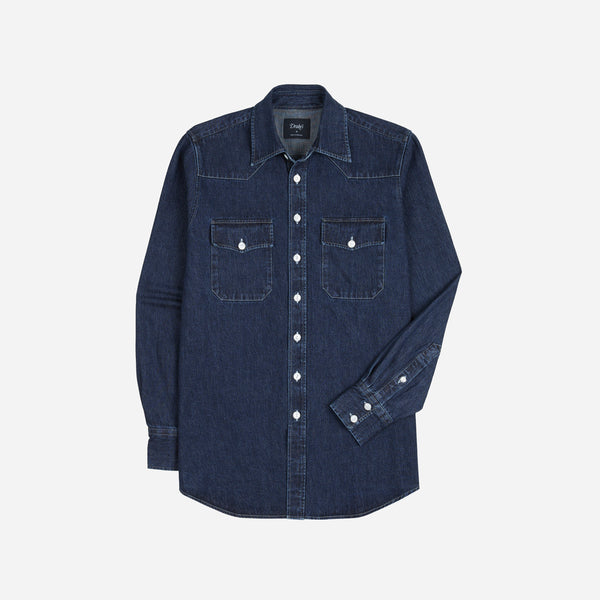 Drake's Western Selvedge Denim Shirt - Indigo Stone Wash