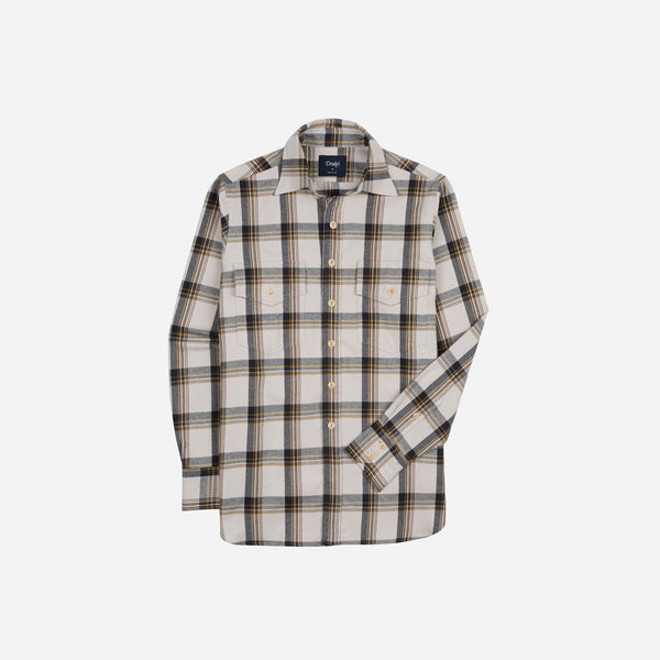 Drake's LP Two-Pocket Check Shirt - Ecru, Navy & Brown