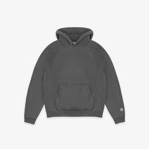 Dubbleware - Dubbleware Vintage Dye Hoodie - Washed Grey - A dark gray washed cotton hoodie with a front kangaroo pocket and a small circular logo on the left sleeve cuff, displayed flat against a light gray background. - Main Front View