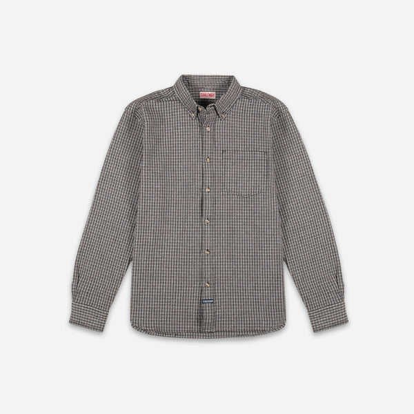 A long-sleeve button-down shirt with a small-scale gray and white micro-check pattern, displayed flat against a light gray background.