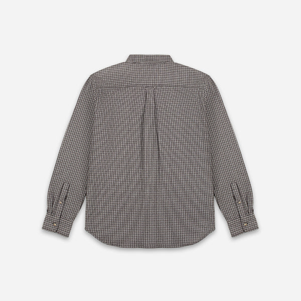 A long-sleeve button-up shirt with a small-scale gray and white micro-check pattern, shown from the back against a light gray background.