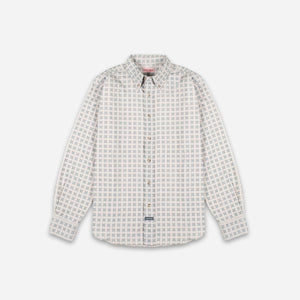 Dubbleware - Dubbleware Vintage Button Down Shirt - Grey Printed Cord - A long-sleeve button-up shirt with a small repeating geometric grid pattern in gray and black on a white background, shown flat against a light gray studio background. - Main Front View