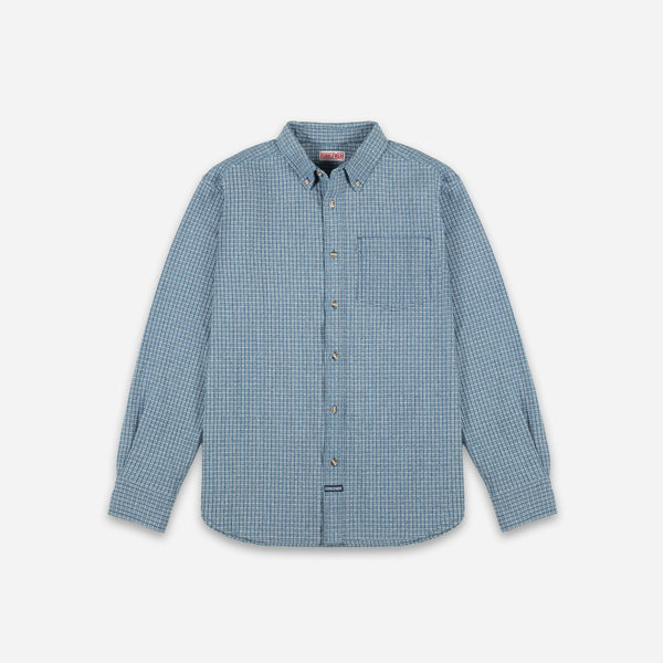 A light blue and white checkered long-sleeve button-down shirt with a chest pocket, displayed flat against a light gray background.
