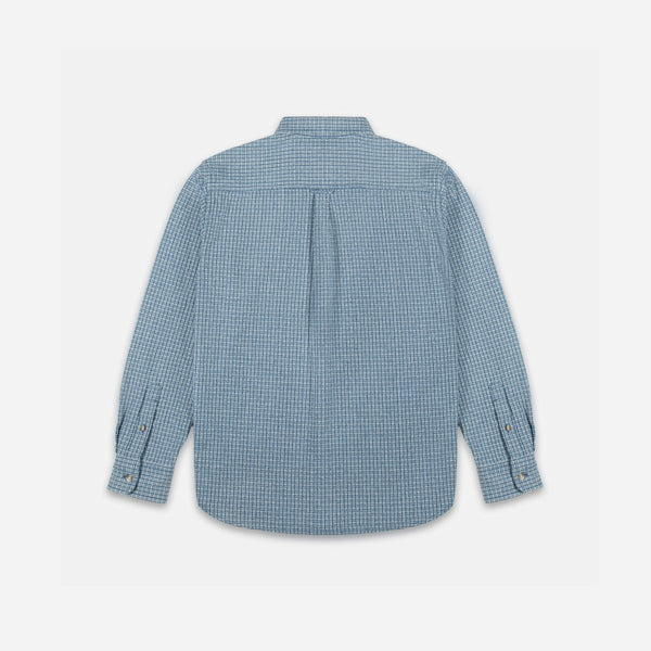 A light blue and white checkered long-sleeve button-down shirt with a central rear pleat. 