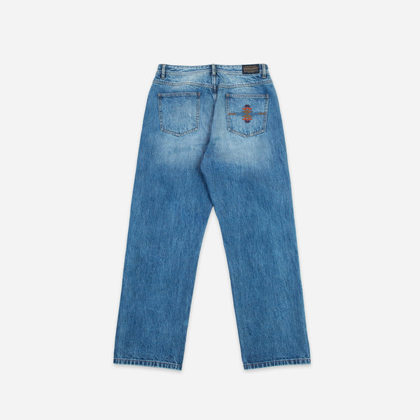 SELVEDGE NEEDLEWORK STRAIGHT DENIM JEANS  - WASHED BLUE