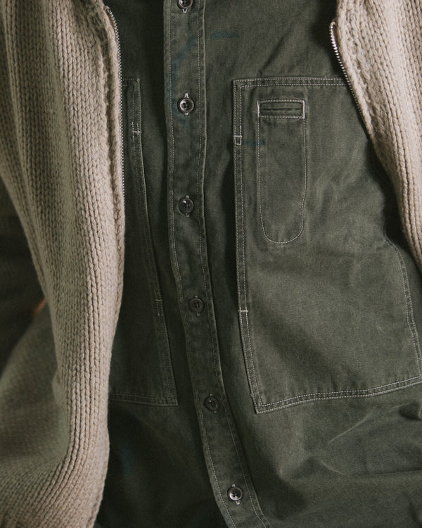 WASHED CARPENTER POCKET WORK SHIRT - OLIVE