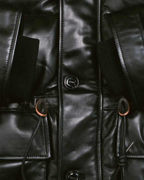 LEATHER KARAKORAM GOOSE DOWN PARKA JACKET - BLACK