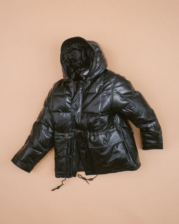 LEATHER KARAKORAM GOOSE DOWN PARKA JACKET - BLACK