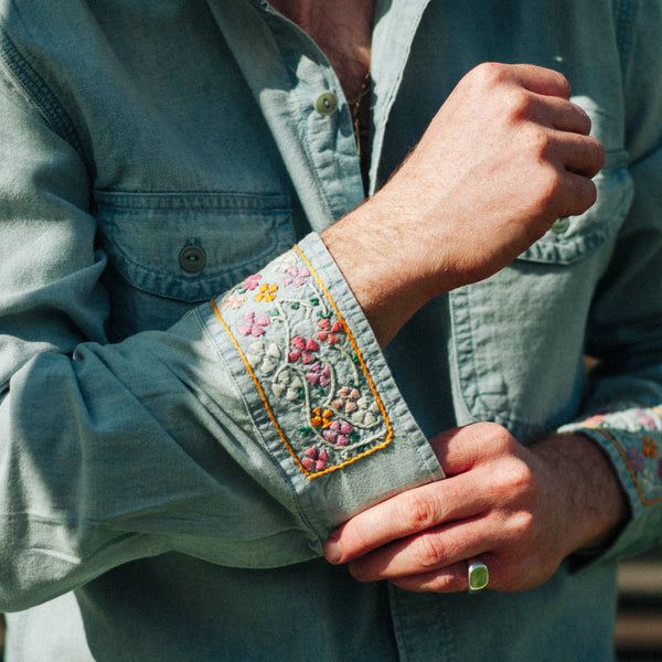 EMBROIDERED CHAMBRAY SHIRT - WASHED AND FADED