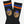 Load image into Gallery viewer, A pair of black crew socks featuring a knitted illustration of a puppy wearing a blue cap with a red letter 'B' on the side, and two horizontal stripes near the cuff in blue and orange.
