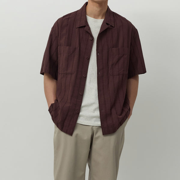 OPEN COLLAR HALF SHIRT - BURGUNDY STRIPE