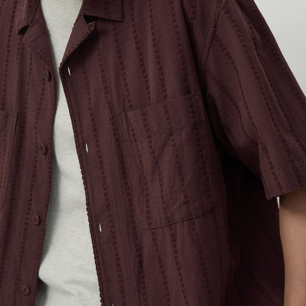 OPEN COLLAR HALF SHIRT - BURGUNDY STRIPE