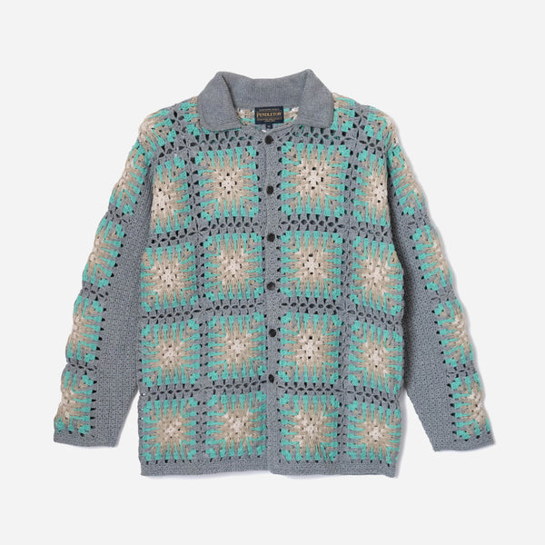 CROCHET POLO BUTTON KNIT - TEAL/GREIGE