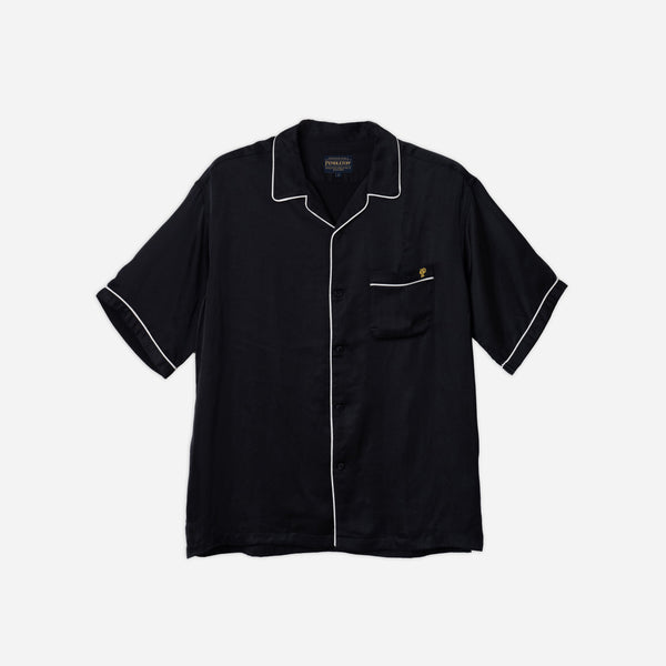 PIPING OPEN COLLAR BOWLING SHIRT - BLACK