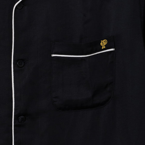 PIPING OPEN COLLAR BOWLING SHIRT - BLACK