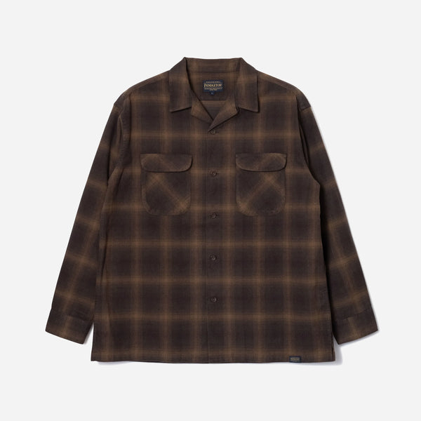 OPEN COLLAR PLAID SHIRT - BROWN/BEIGE