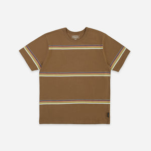 Pendleton - Stripe T-Shirt - Joshua Tree - A brown short-sleeve crewneck t-shirt with horizontal stripes in yellow, red, and blue across the chest and sleeve cuffs, shown flat on a light gray background. - Main Front View