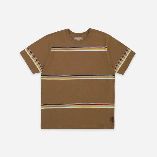 A brown short-sleeve crewneck t-shirt with horizontal stripes in yellow, red, and blue across the chest and sleeve cuffs, shown flat on a light gray background.