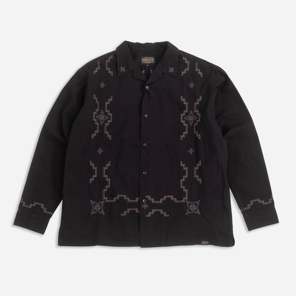 EMBROIDERED OPEN COLLAR POCKET SHIRT - BLACK HARDING