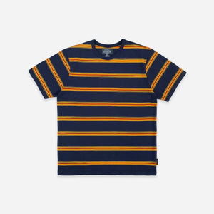 Pendleton - Stripe T-Shirt - Grand Canyon - A short-sleeve crewneck t-shirt with horizontal navy blue and orange stripes, displayed flat against a light gray background. - Main Front View