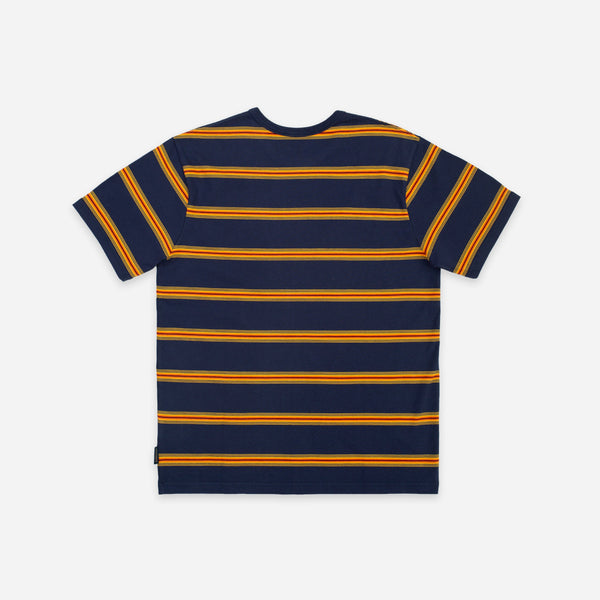 A navy blue short-sleeve t-shirt with horizontal mustard yellow stripes, shown from the back on a light gray background.