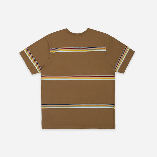 A brown short-sleeve t-shirt with horizontal multicolor stripes across the chest, waist, and sleeve cuffs, displayed flat against a light gray background.