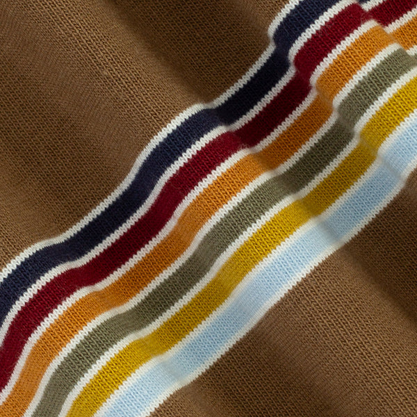 Close-up of a brown knit fabric with diagonal stripes in navy, red, orange, olive green, yellow, and light blue.