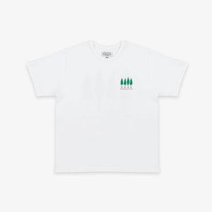 Pendleton - Tree T-Shirt - White - A white short-sleeve crewneck t-shirt with a small green graphic of four pine trees and the word 'PINEAPPLE' printed on the left chest, displayed on a clean white background. - Main Front View