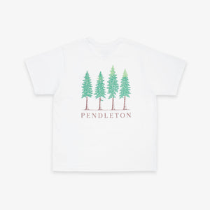 Pendleton - Tree T-Shirt - White - A white short-sleeve crewneck t-shirt featuring a graphic of four green pine trees with brown trunks and the word 'PENDLETON' printed below in brown, displayed on a clean white background. - Alternative View 1