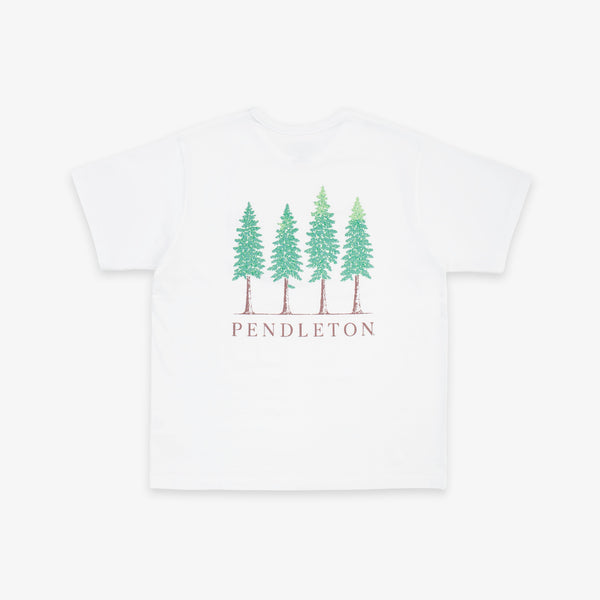 A white short-sleeve crewneck t-shirt featuring a graphic of four green pine trees with brown trunks and the word 'PENDLETON' printed below in brown, displayed on a clean white background.