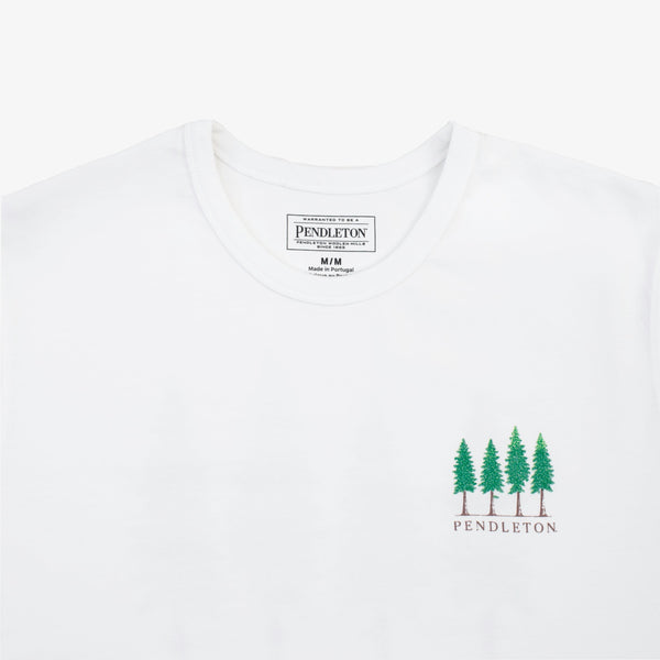 A close-up of a white Pendleton t-shirt showing the inner neck label and a small chest graphic of four green pine trees with the word 'PENDLETON' underneath.
